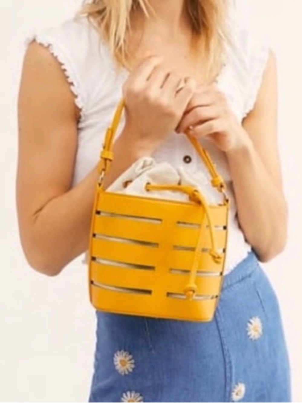 Free People East Hampton Mustard Yellow Bucket Bag with Drawstring